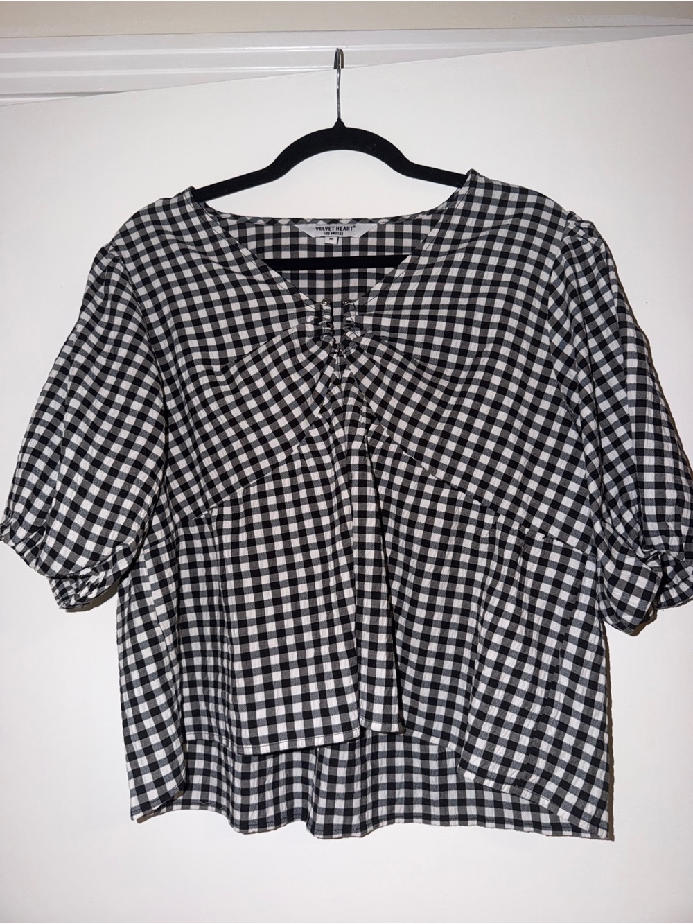 Velvet Heart Black and White Gingham Puff Sleeve Blouse